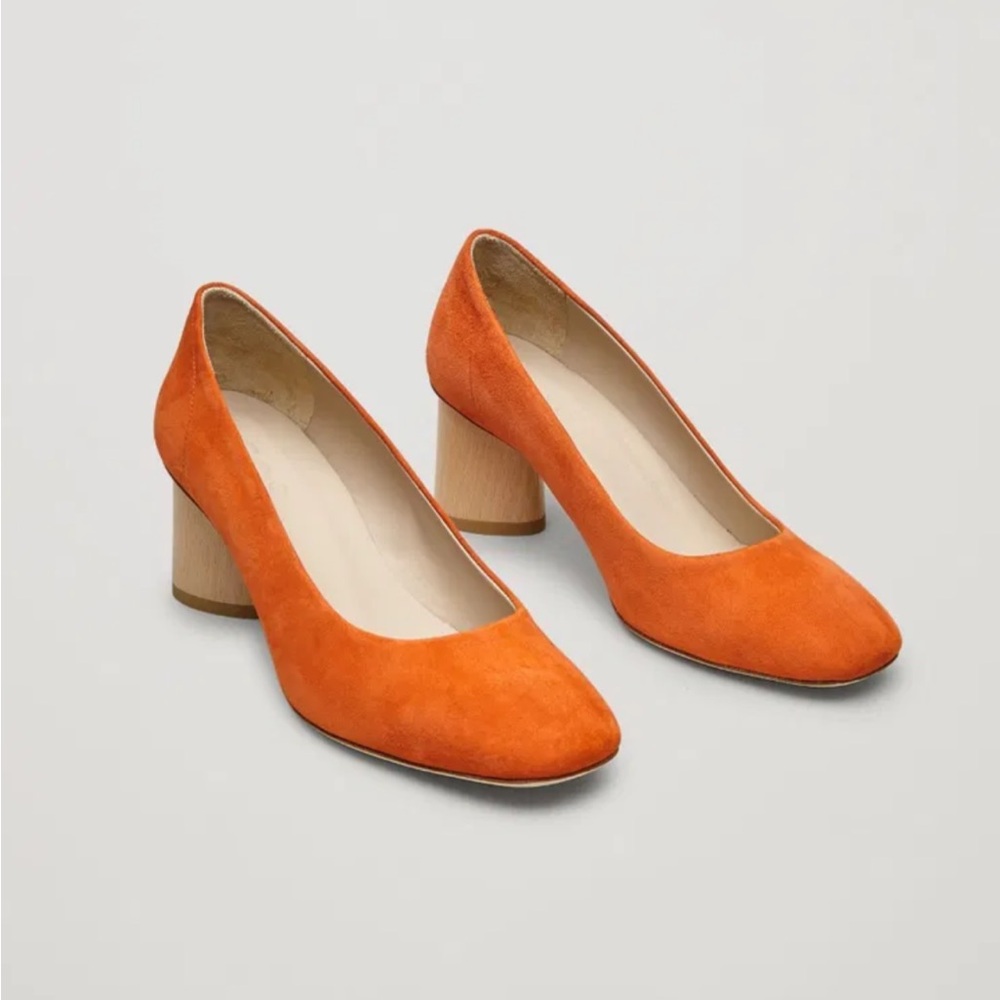 COS Orange Suede & Wood Block Heel Mod Style Square Toe Pumps Short Heels Size 7 - Picture 2 of 14